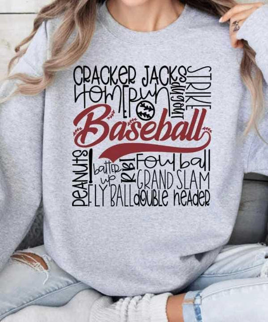 Baseball Word Cloud Sweatshirt – Cracker Jacks, Homerun, Grand Slam Graphic Tee