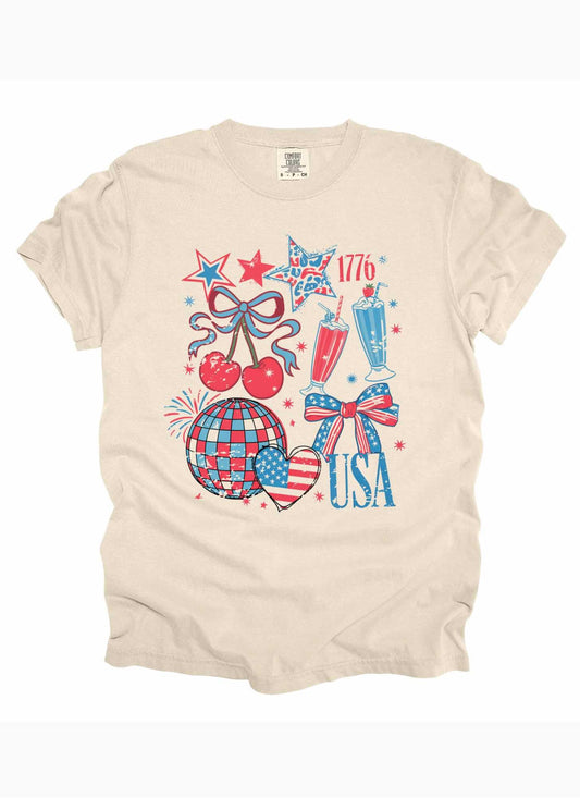 Retro 1776 USA Graphic T-Shirt: Patriotic Cherries, Stars, Globe Design