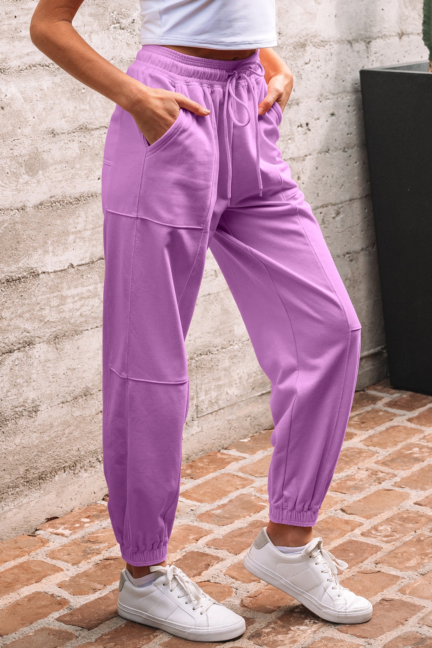 Light Pink Drawstring Waist Patchwork Solid Color Jogger Pants