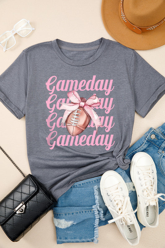 Gray Game Day Bowknot Football Graphic Casual Tee