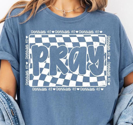Pray Shirt with Colossians 4:2 | Trendy Christian Tee | Checkered Religious Graphic T-Shirt