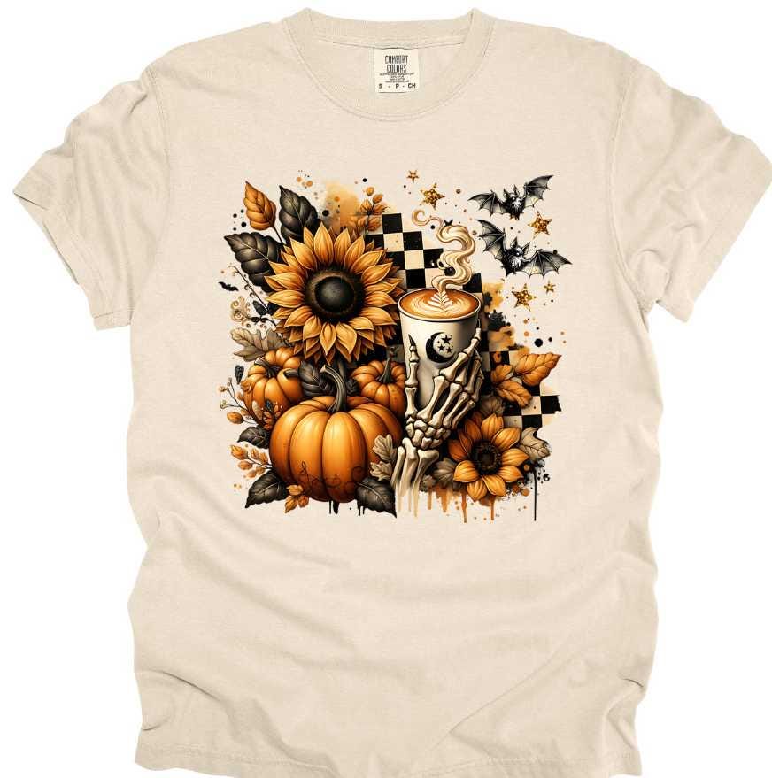 Skeleton Hand Coffee Cup Autumn Shirt: Pumpkins, Sunflowers, Bats Graphic Tee