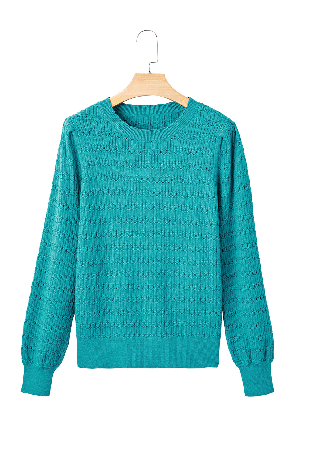 Bright Pink Trendy Pattern Knit Ribbed Cuffs Crew Neck Sweater
