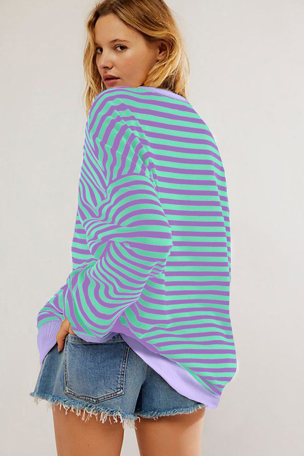 White Stripe Striped Contrast Ribbed Trim Crossed Stitch Drop Shoulder Sweatshirt
