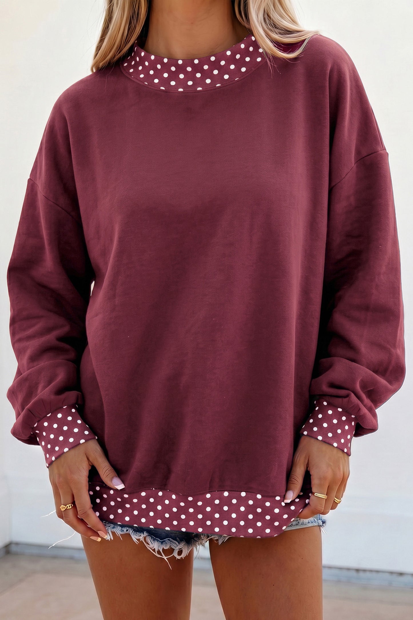 Dark Blue Colorblock Polka Dot Contrast Trim Oversized Sweatshirt