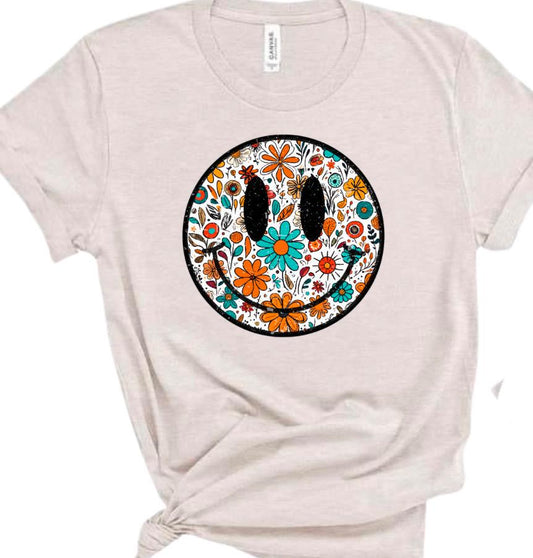 Groovy Floral Smiley Face Shirt, Boho Retro Graphic Tee