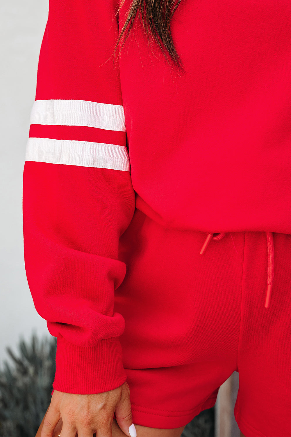Evergreen Varsity Striped Sleeve Drop Shoulder Sweatshirt and Short Set