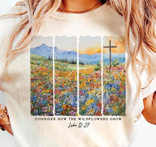 Wildflower Landscape Christian T-Shirt – Luke 12:27 Scripture Tee
