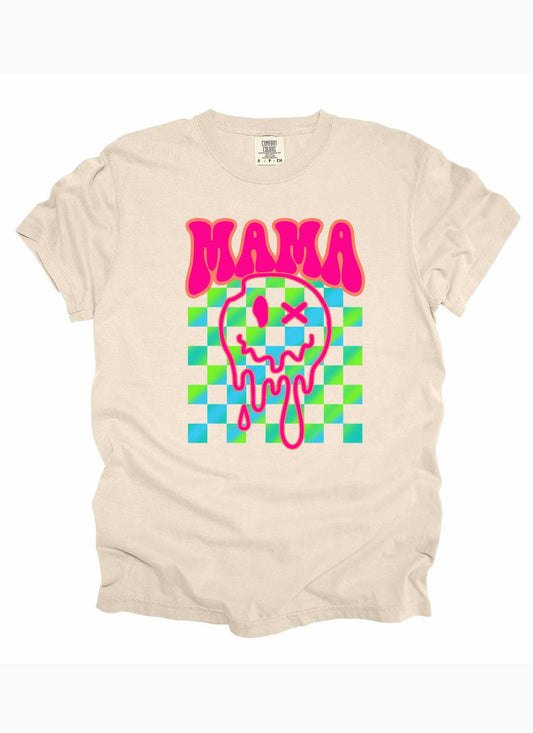 Retro Mama Smiley Drip T-Shirt: Groovy Mom Style Tee