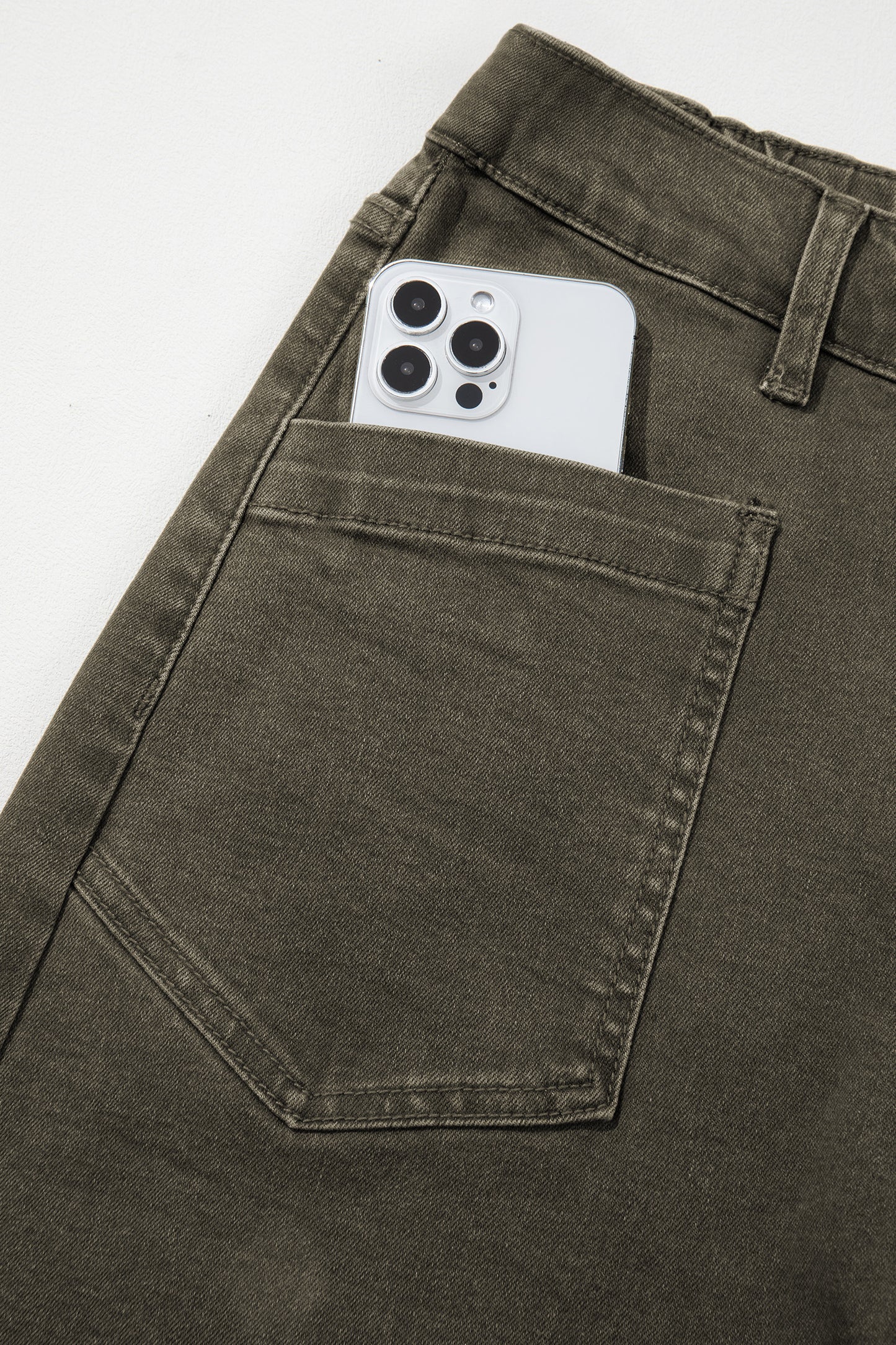 Coffee Solid Color Square Patch Pocket Ankle-length Barrel Jeans
