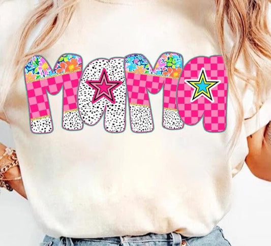 Mama Graphic Tee: Pink Checkered Floral Star Design, Cozy Casual Shirt