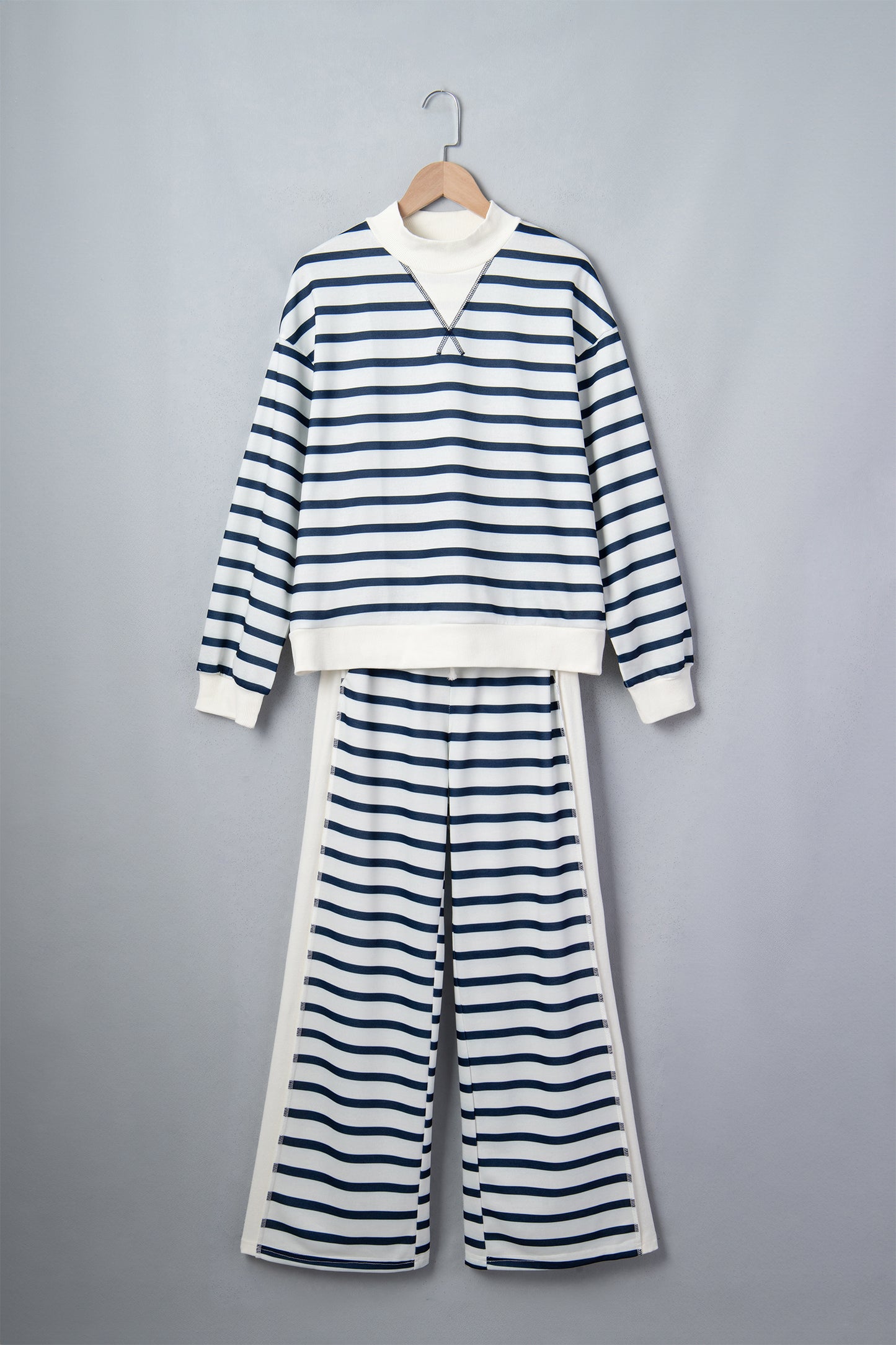 Blue Stripe Striped Ribbed Cuff Collar Pocket Loose Pant Set