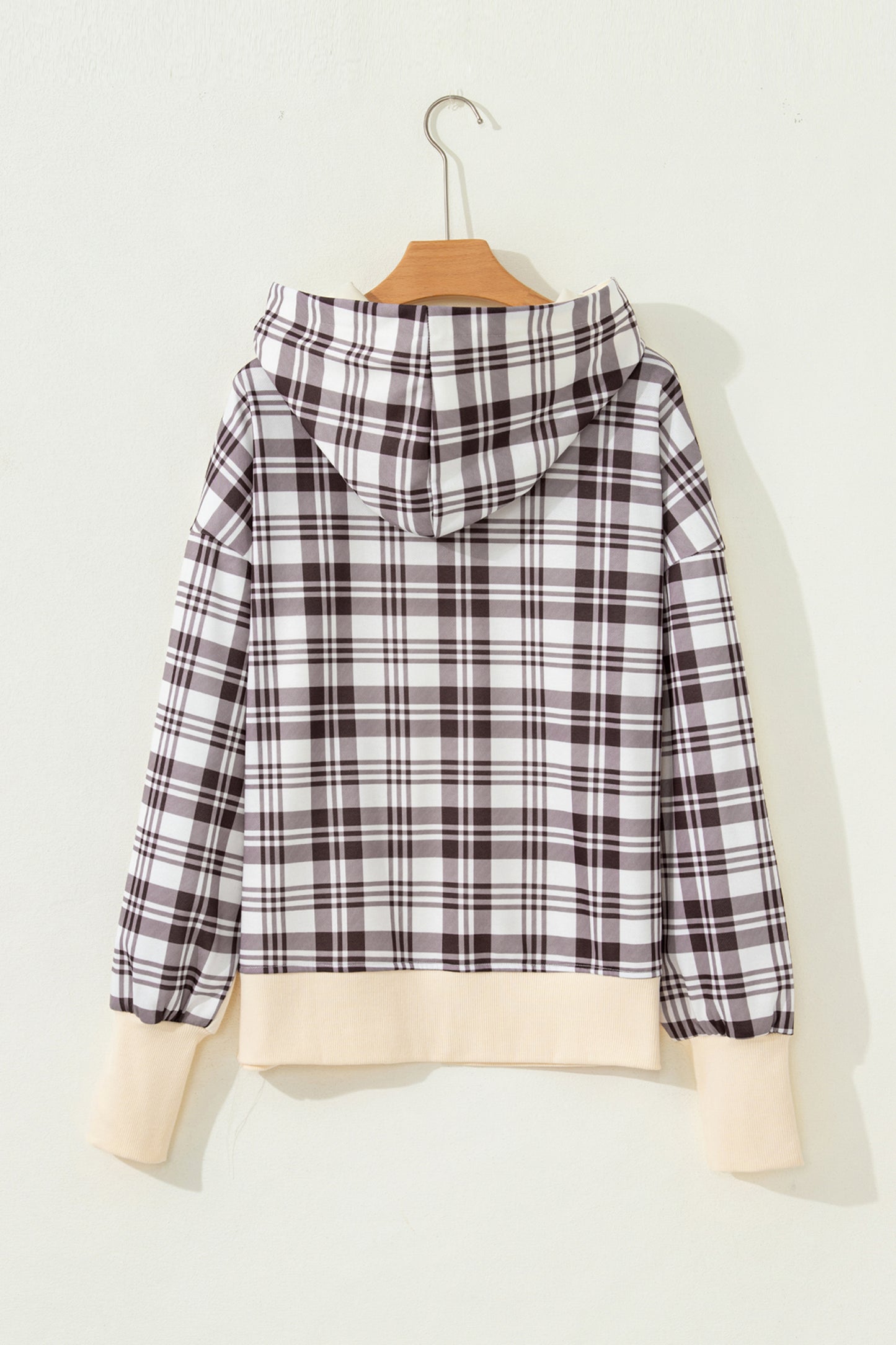 Chicory Coffee Plaid Patchwork Side Slit Hoodie