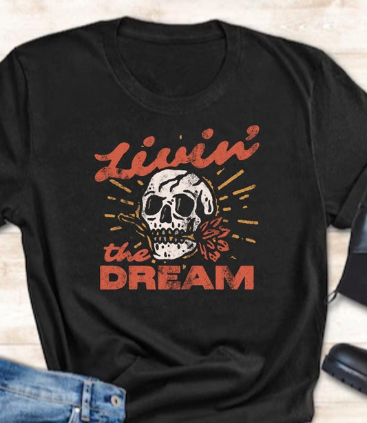 Skull Rose Livin' the Dream Graphic T-Shirt, Boho Casual Top