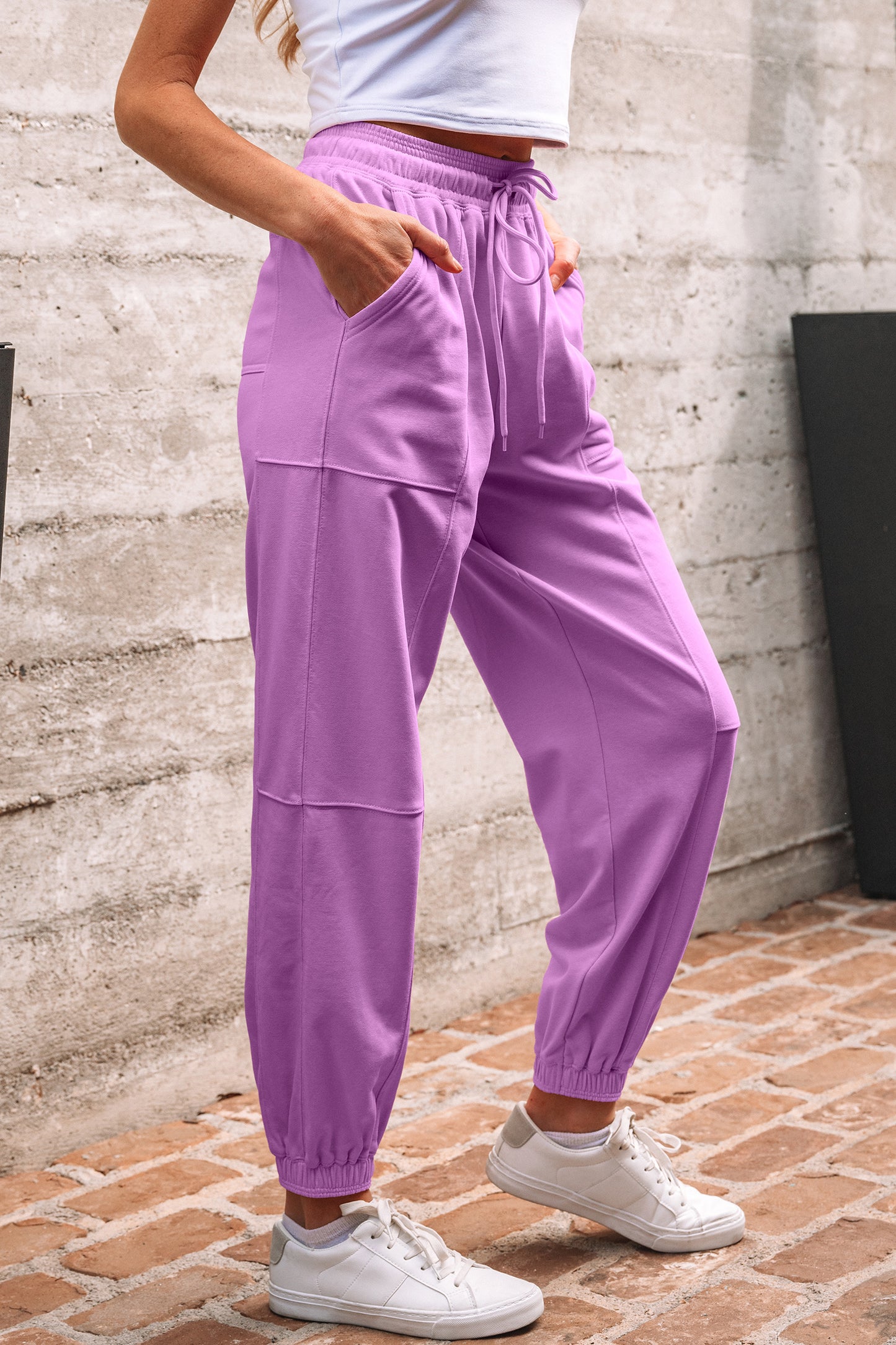 Light Pink Drawstring Waist Patchwork Solid Color Jogger Pants