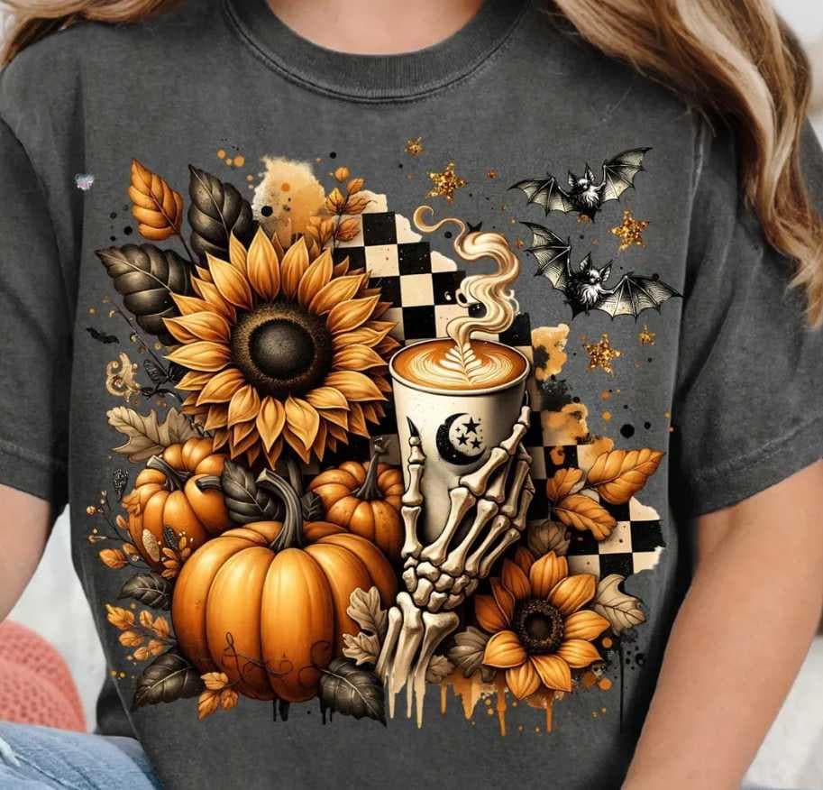 Skeleton Hand Coffee Cup Autumn Shirt: Pumpkins, Sunflowers, Bats Graphic Tee