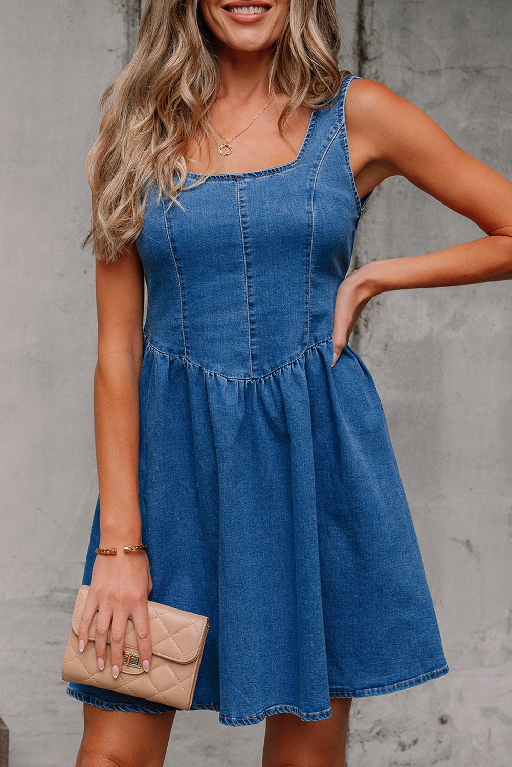 Myosotis Square Neck Bowknot A-line Sleeveless Denim Dress